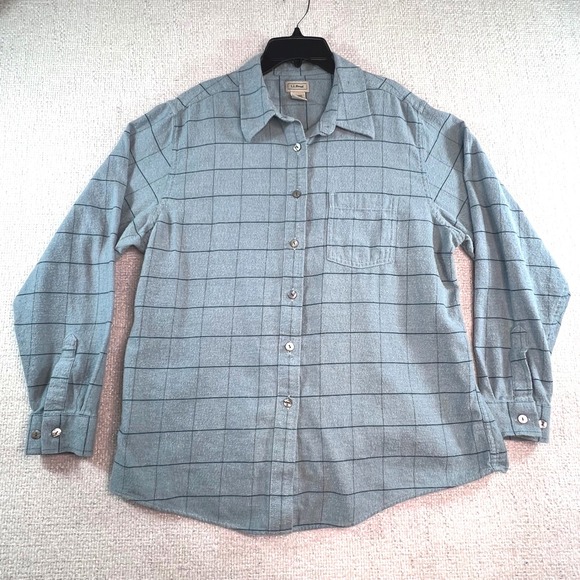 LLBean Tops - L.L. Bean Women's Large Cotton Button Front Shirt Blue Grid Windowpane